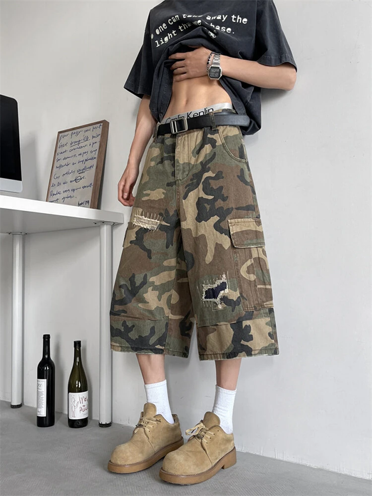 

Camouflage orts Men's Summer Loose Logging Pants Large ket Repair Patch Wide Leg Seven-Foot Casual Straight Leg orts