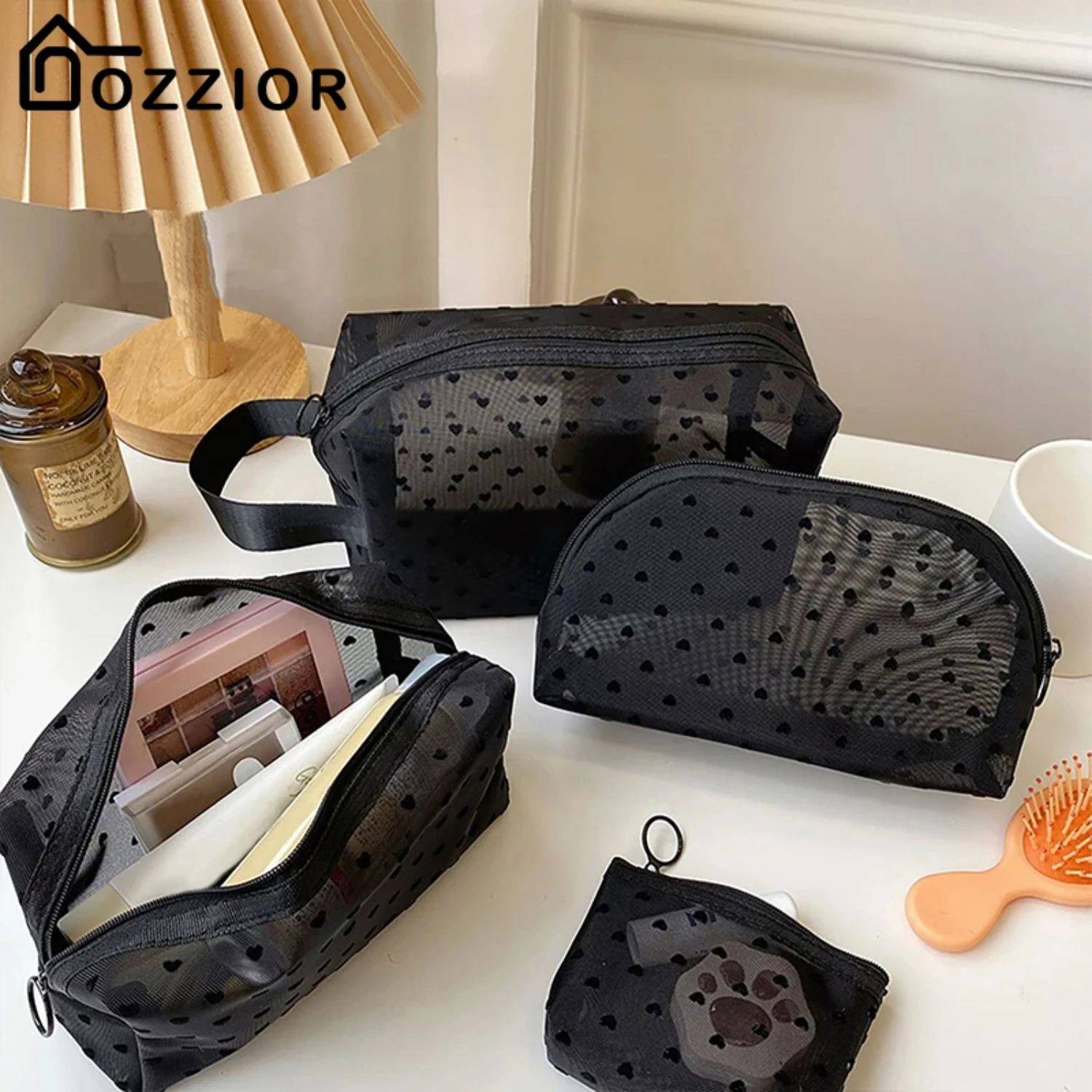 Portable Love Print Mesh Cosmetic Organizer Multifunction Transparent Women Lipstick Coin Pouch Makeup Bags Travel organizer Bag