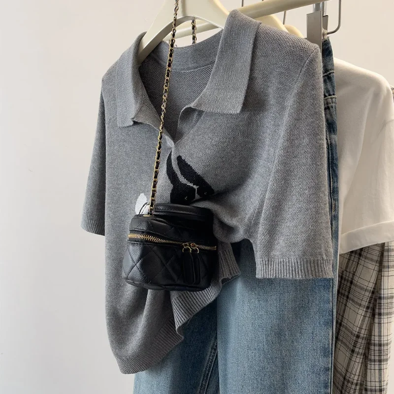 

Polo Collar Fashionable Ice Silk Top Women's Summer High end Jacquard American Short-sleeved T-shirt Trendy