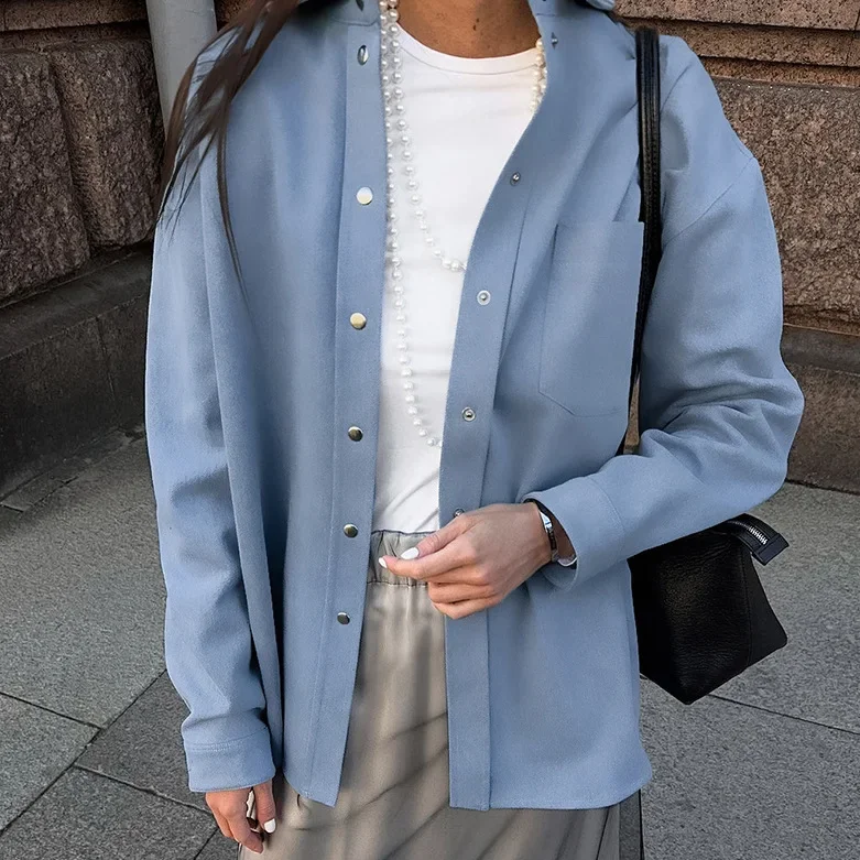 

Pure Cotton Versatile High-end Blue Jacket 2025 Autumn and Winter New Item Niche Simple Long Sleeved Top
