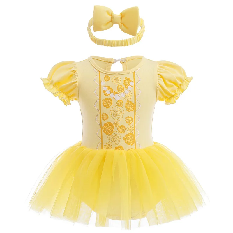 Baby Girl Summer Princess Bodysuit Short Puff Sleeve Star Tulle Tutu Bodysuit with Bow Headband Fairy Dress‑Up Outfit K1155