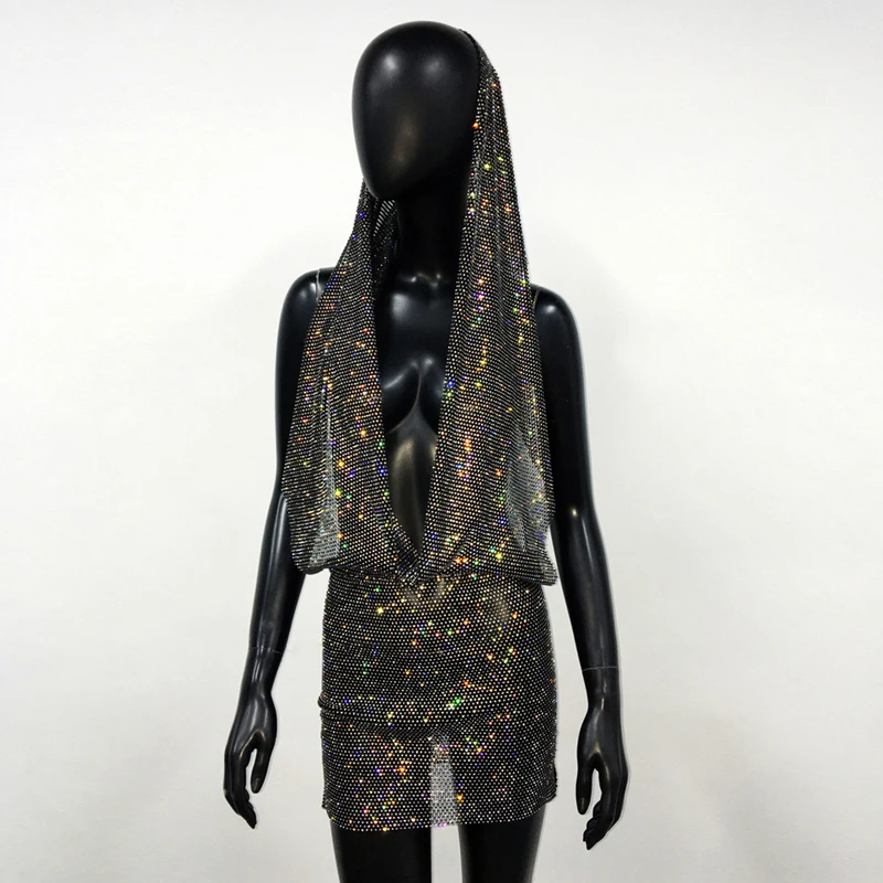 Damen Strass-Netzkleid mit Kapuze, sexy Kristall-Fischnetz-Zweiteiler-Set, Rock-Set für Nachtclub, Party, Festival, Rave-Outfits, Kleid für Damen – Detail 5