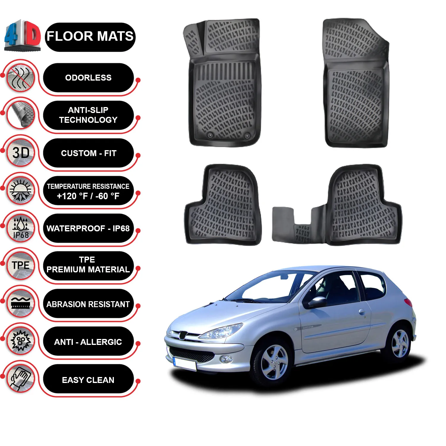 

Peugeot 206 - (1999-2009) Floor Mats Liner Waterproof 3D - (Black)