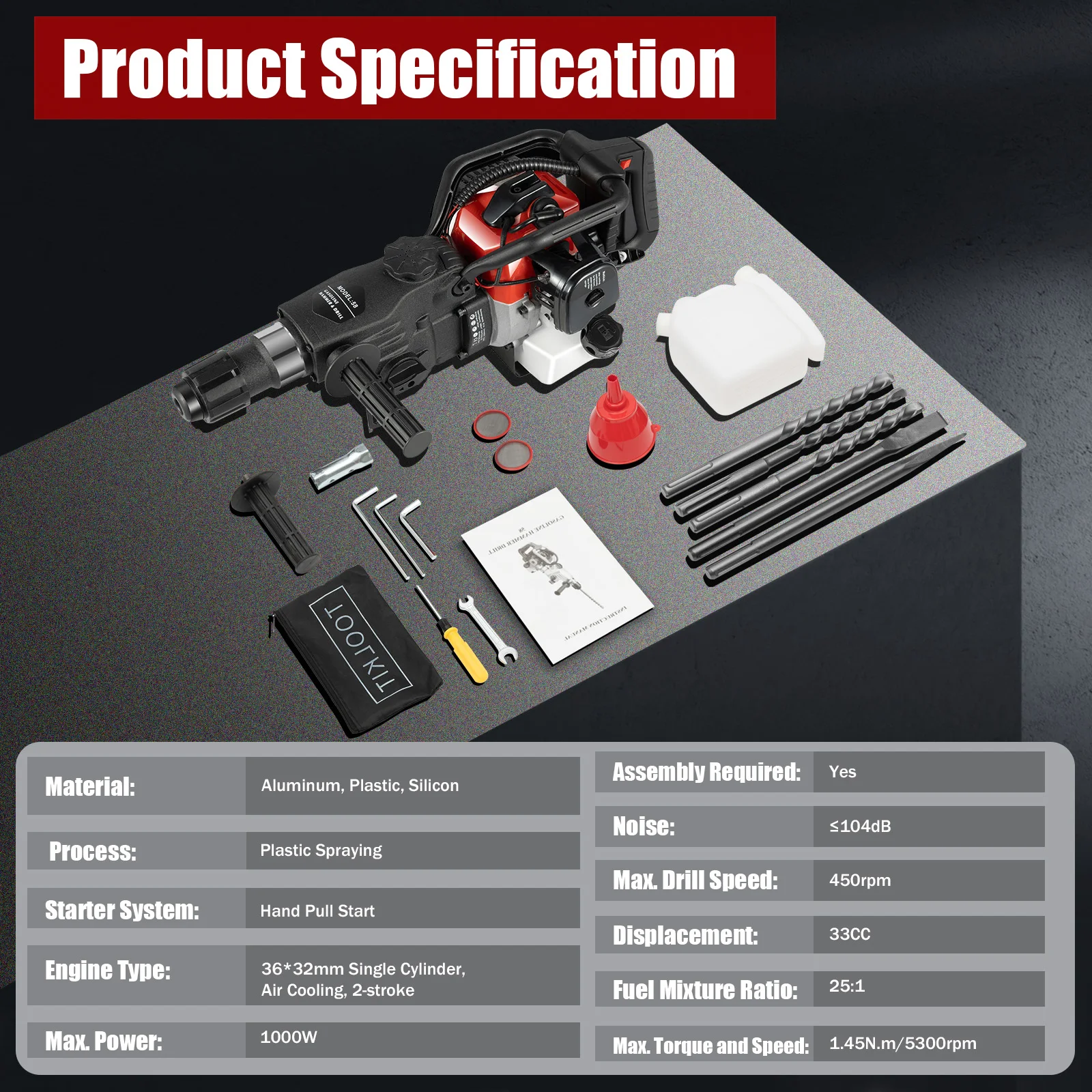 2 Stroke 1000W Demolition Jack Hammer 33CC Air Cooling Hammer Drilling Machine Handle 5300rpm Electric Hammer For Work