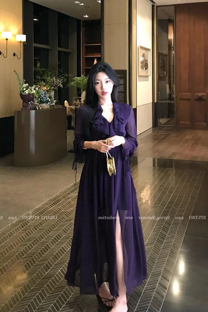 

Women Ruffles Black Purple Long Chiffon Dress New Fashion V Neck Long Sleeve Sexy High Split Dress Plus Size Elegant Fairy Dress