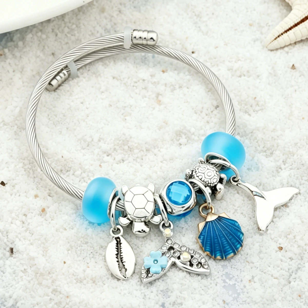 Blue Enamel Mermaid Shell Charm Pendant Bracelet Silver Color Turtle Bead Bracelet Onesize Steel Jewelry for Casual Summer Gift