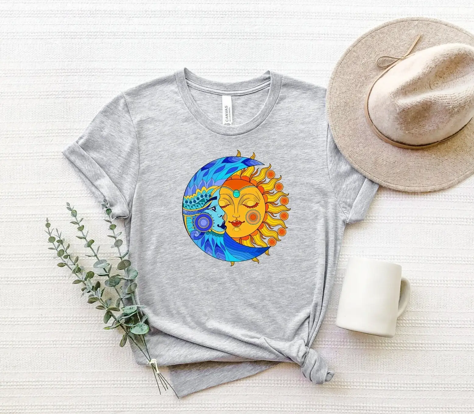 Bohemian Sun And Moon Face T Shirt Boho Vintage Hippie Festival Mystical Spiritual Tarot Card