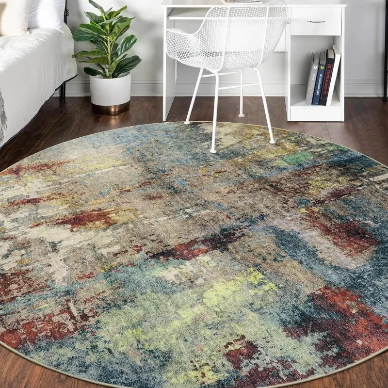 Runder abstrakter bunter Patchwork-Teppich im Vintage-Stil, Distressed Modern Art Living-Teppich, rutschfeste, mehrfarbige Block-Matte mit melierter Textur
