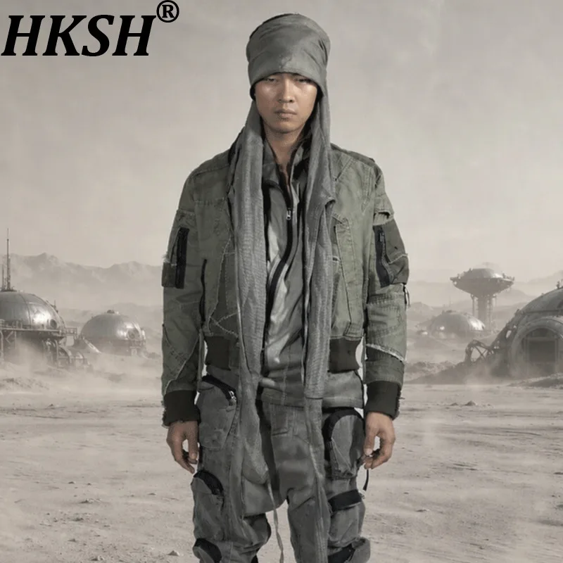 HKSH Spring Autumn New Men Tide Chic Ins Dark Waste Land Asymmetrical Deconstructed Color-Block Workwear Baseball Jacket HK27951