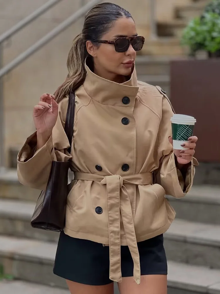 HH Women New Elegant Solid Pockets Lace-up Double-breasted Trench Coat Long Sleeve Women Autumn Casual Street Short Coat