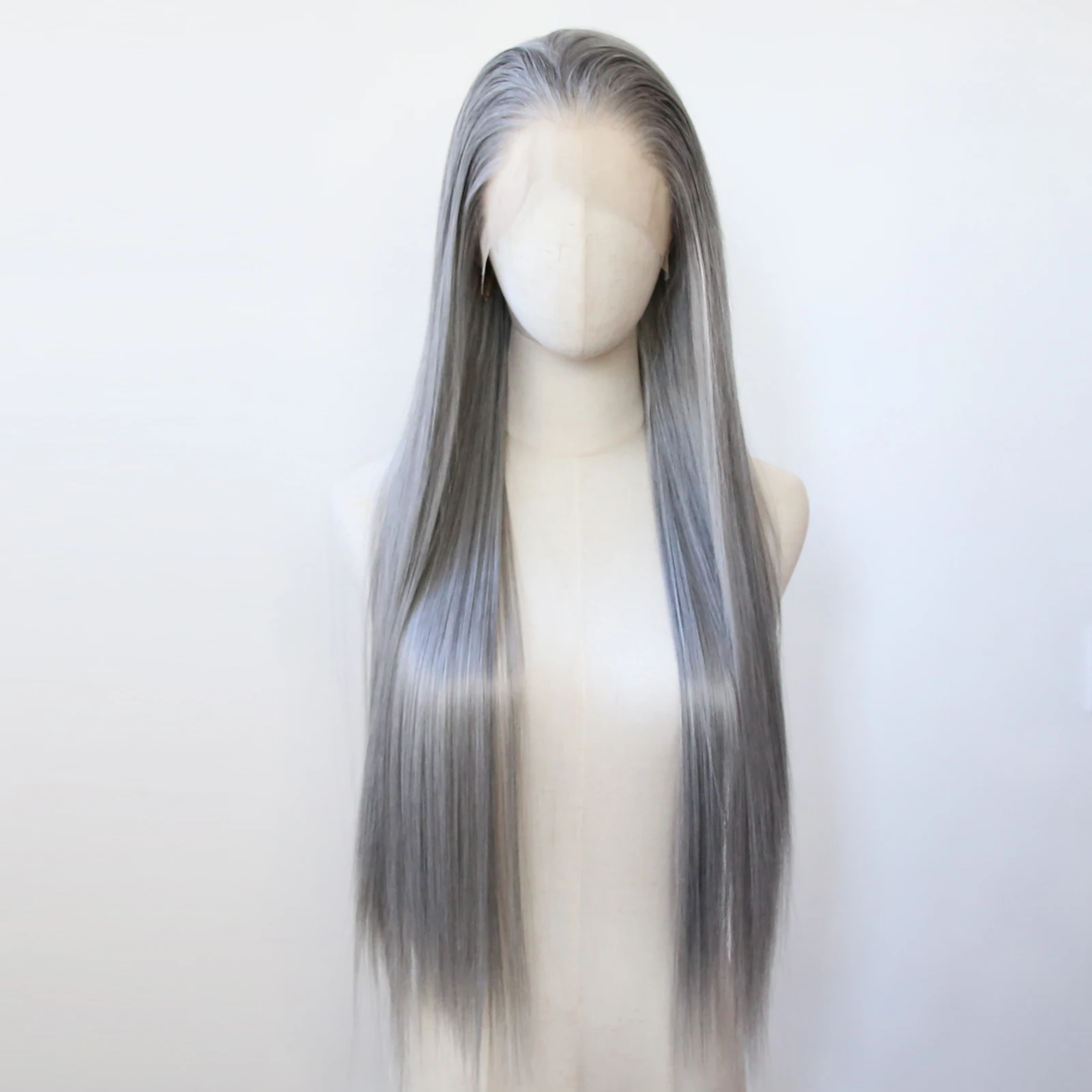 Grandma Grey Synthetic Lace Front Wig Long Straight Lace Front Synthetic Wig Pre Plucked Heat Resistant Hair Daily Wear Cosplay