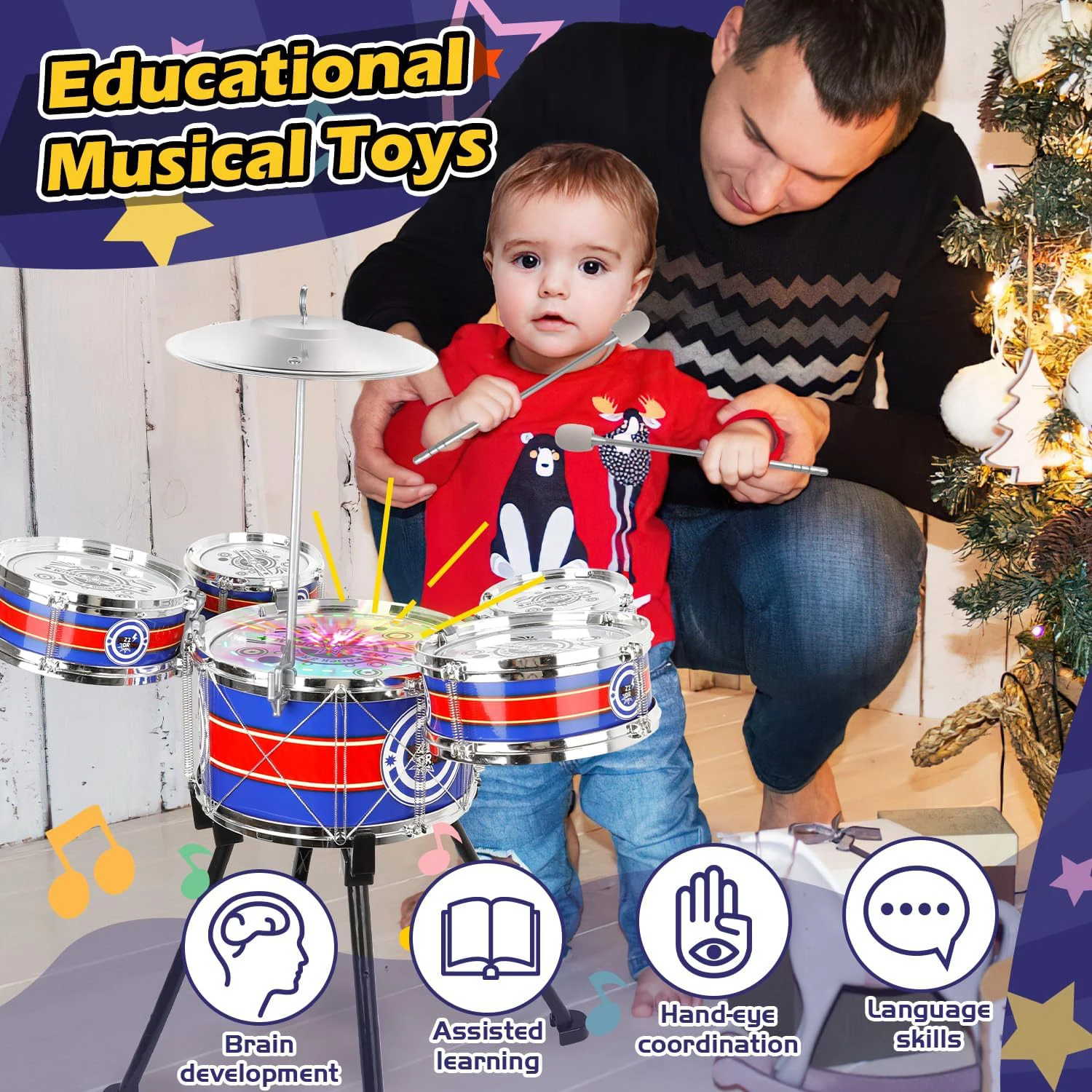 Juego de tambor para niños, instrumento Musical de Jazz, 5 tambores + 1 platillo con taburete pequeño, Kit de tambor, juguetes con luces