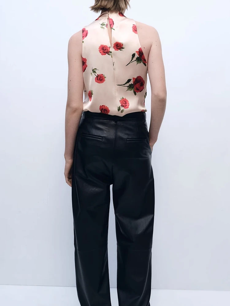 قميص نسائي صيفي جديد على الطراز الأوروبي والأمريكي بقصة ضيقة وطبعة زهور بدون ظهر من الساتان ورقبة رسن بدون أكمام #2