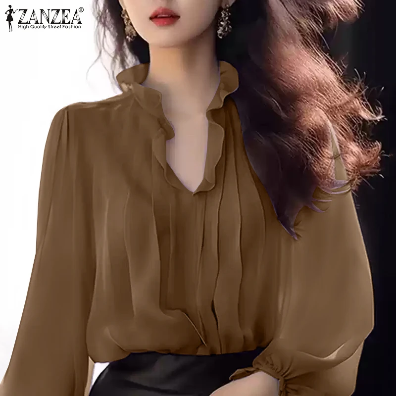 ZANZEA Women Work OL Blouse Fashion Long Puff Sleeve Shirts Ruffled Stitching Neck Tops Vintage Pleating Tunic Holiday Solid Top