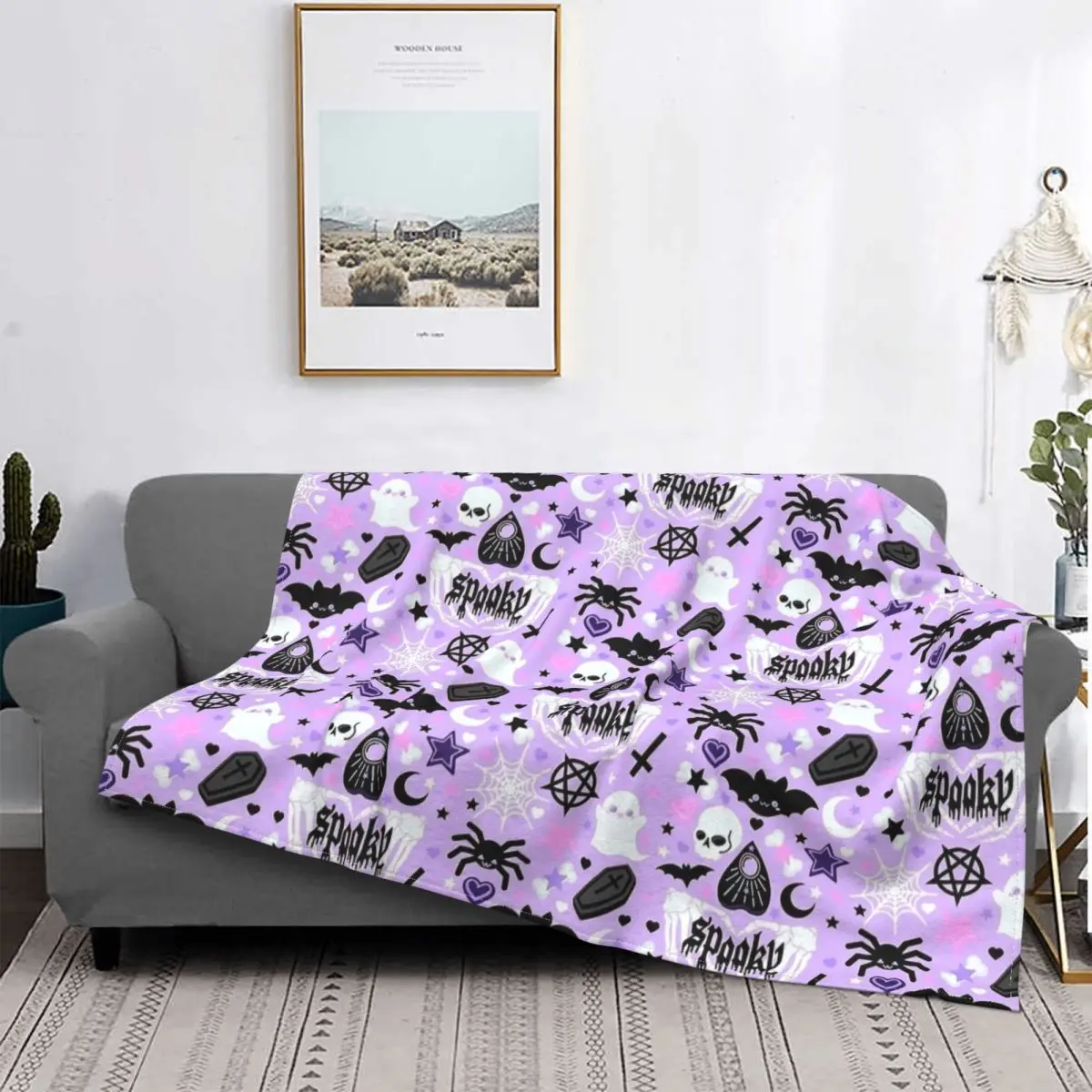 Halloween Bat Spooky Skull Blanket Velvet Winter Spider Multi-function Lightweight Thin Throw Blanket for Home Office Rug Piece