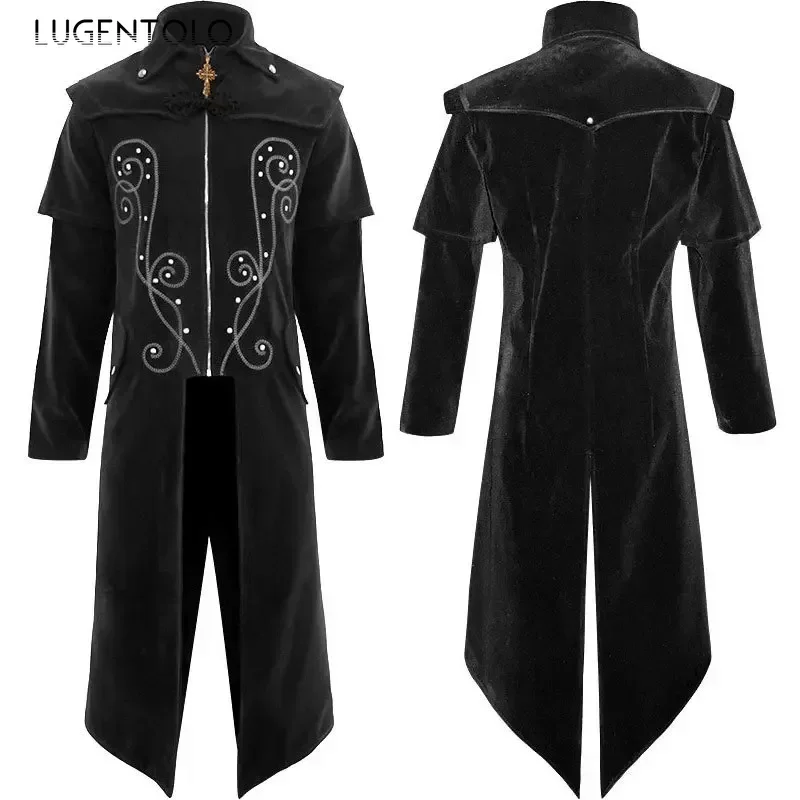 Masculino medieval trench gótico casacos retro gola cruz zíper traje renascentista uniforme halloween jaqueta longa