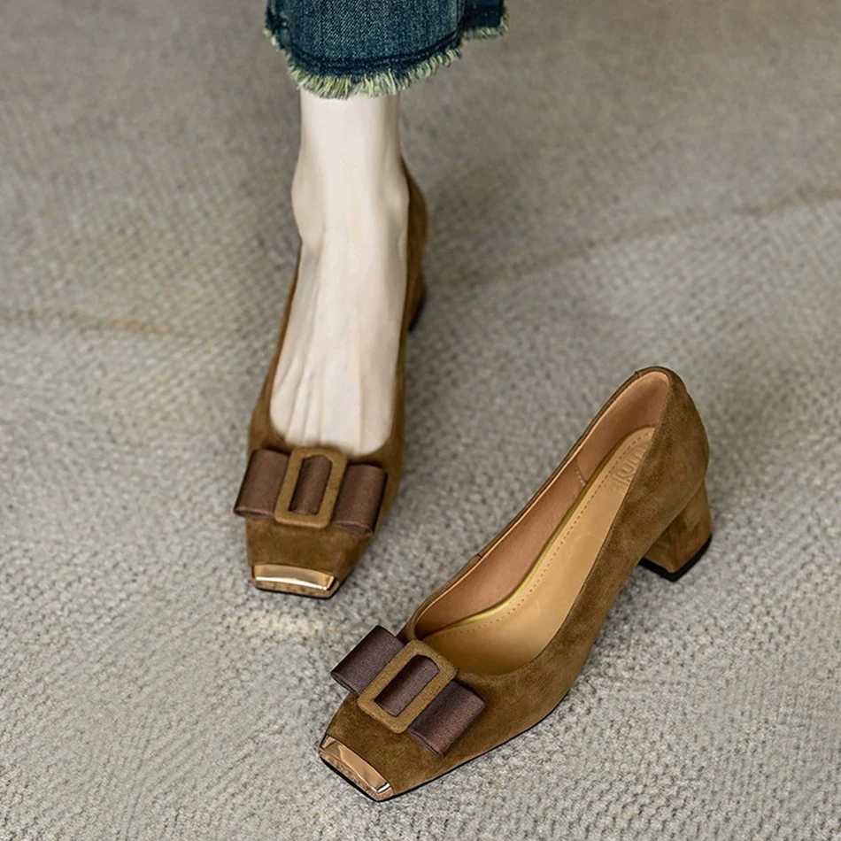 

French retro fashion bow shallow opening single shoes, new square toe mid-heel thick heel ladle shoes, elegant women's shoes