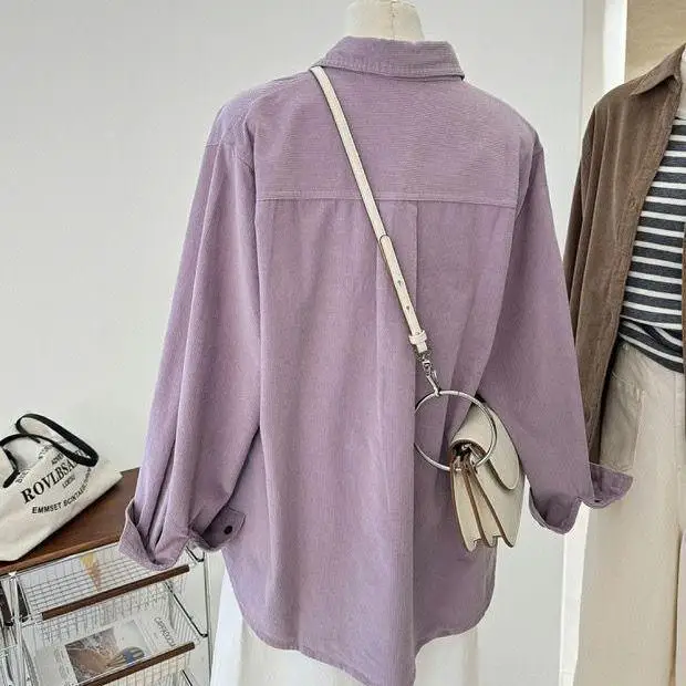 

Новая весенне-осенняя женская фиолетовая вельветовая рубашка свободного кроя с длинным рукавом, повседневный универсальный топ, классическая верхняя одежда Cleanfit