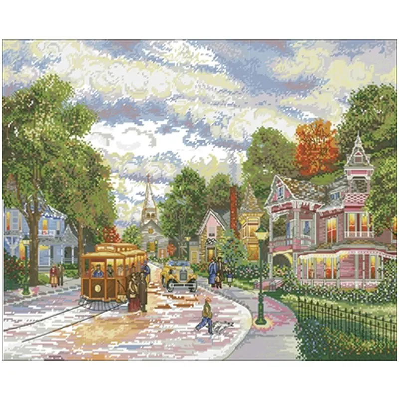 Romantic Street Patterns Embroidery Needlework Sets, Counted Cross Stitch Kits, 11, 14, 18, 16, 22, 25, 28CT, 1