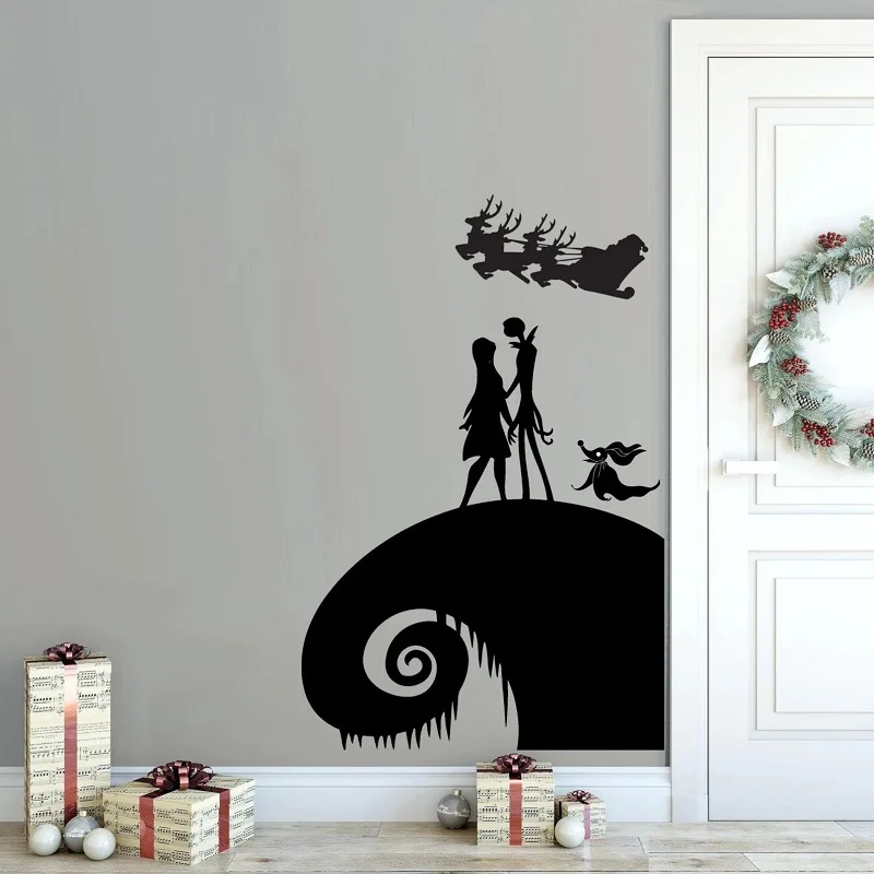 Nightmare Before Christmas Vinyl Wall Decal Jack Kellington Sally Dog Zero Santa Reindeer Party Halloween Window Door Decoration