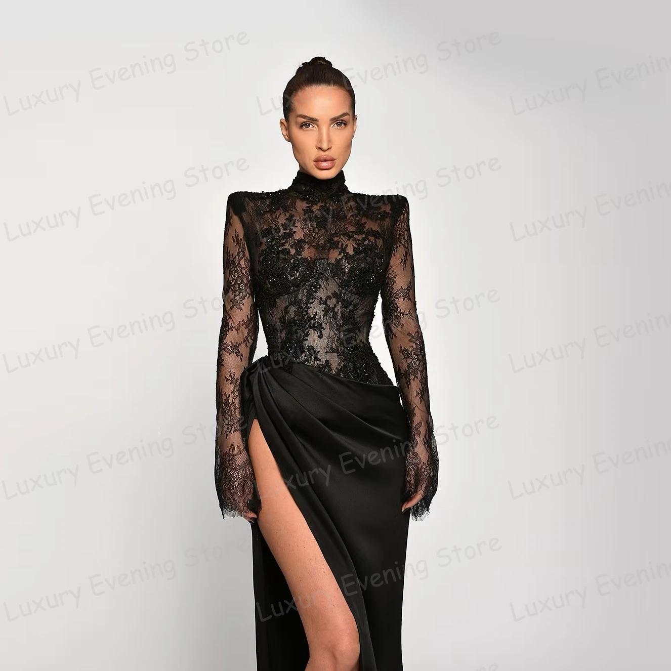 Luxury Black Evening Dresses Woman's Mermaid Sexy Lace Appliques Prom Gowns Fashion High Split Long Sleeve Vestidos Customized