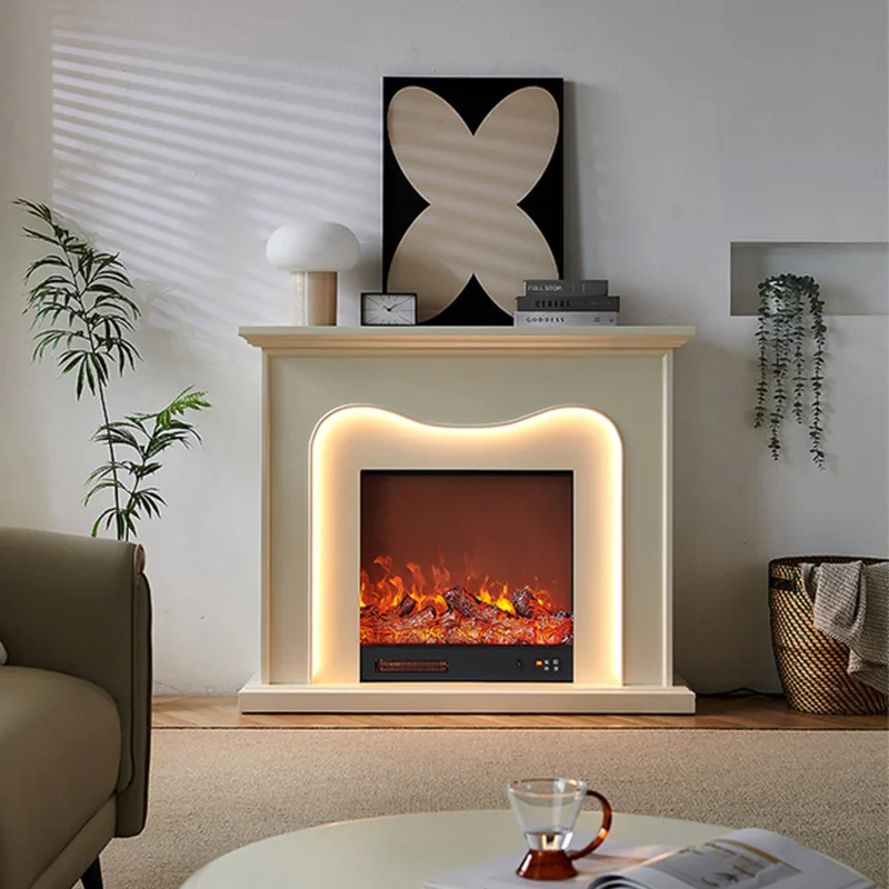 Fireplace Cream wind decorative cabinet ins wind solid wood porch cabinet household heating LED light background wall fireplace