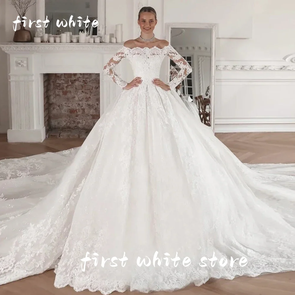 

First White Customized Ball Gown Boat Neck Lace Appliques Wedding Dresses Full Sleeves Bridal Gowns with Cathedral Train