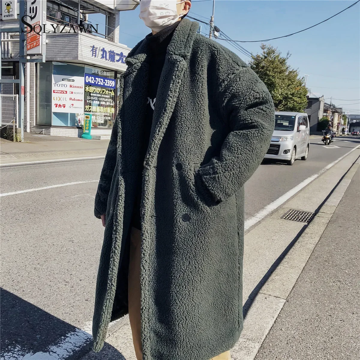 Men Winter Warm Thicken Wool Long Jacket Korean Oversized Double Breasted Coat Casual Woolen Trench Teddy Plush Loose Overcoat