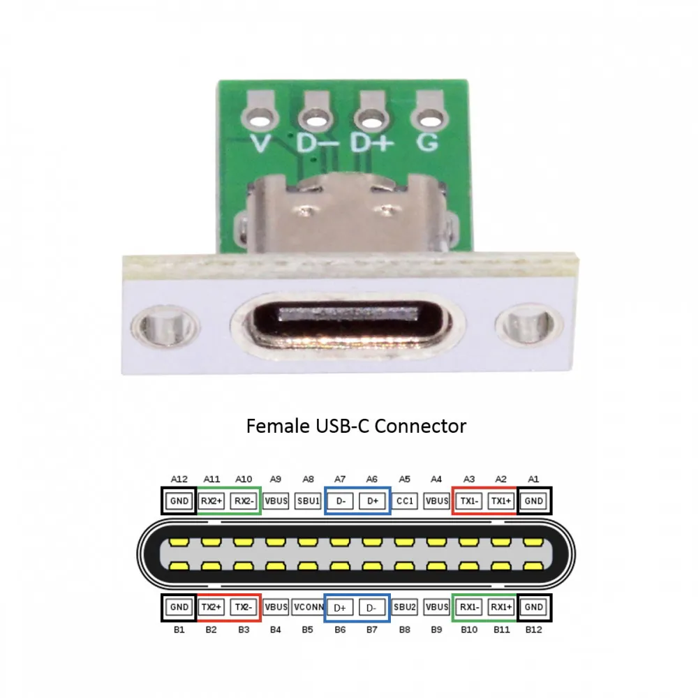 5Pcs USB Type C Socket 4 Pin With Fixing Plate Mount Type-C USB Jack Connector DIY Charging Port 4P Type C Female USB Connectors