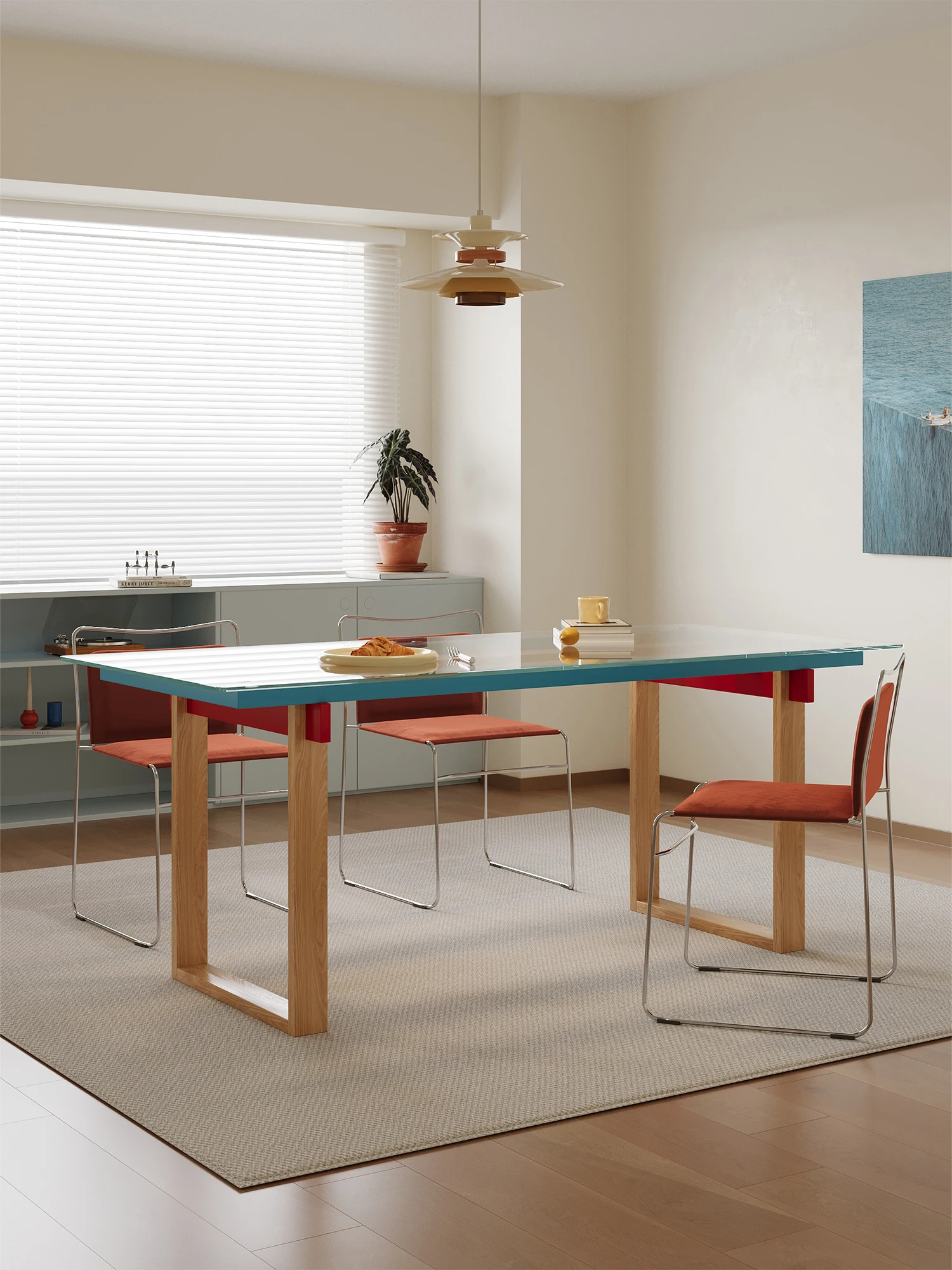 Bauhaus solid wood tempered glass dining table household color matching dining table