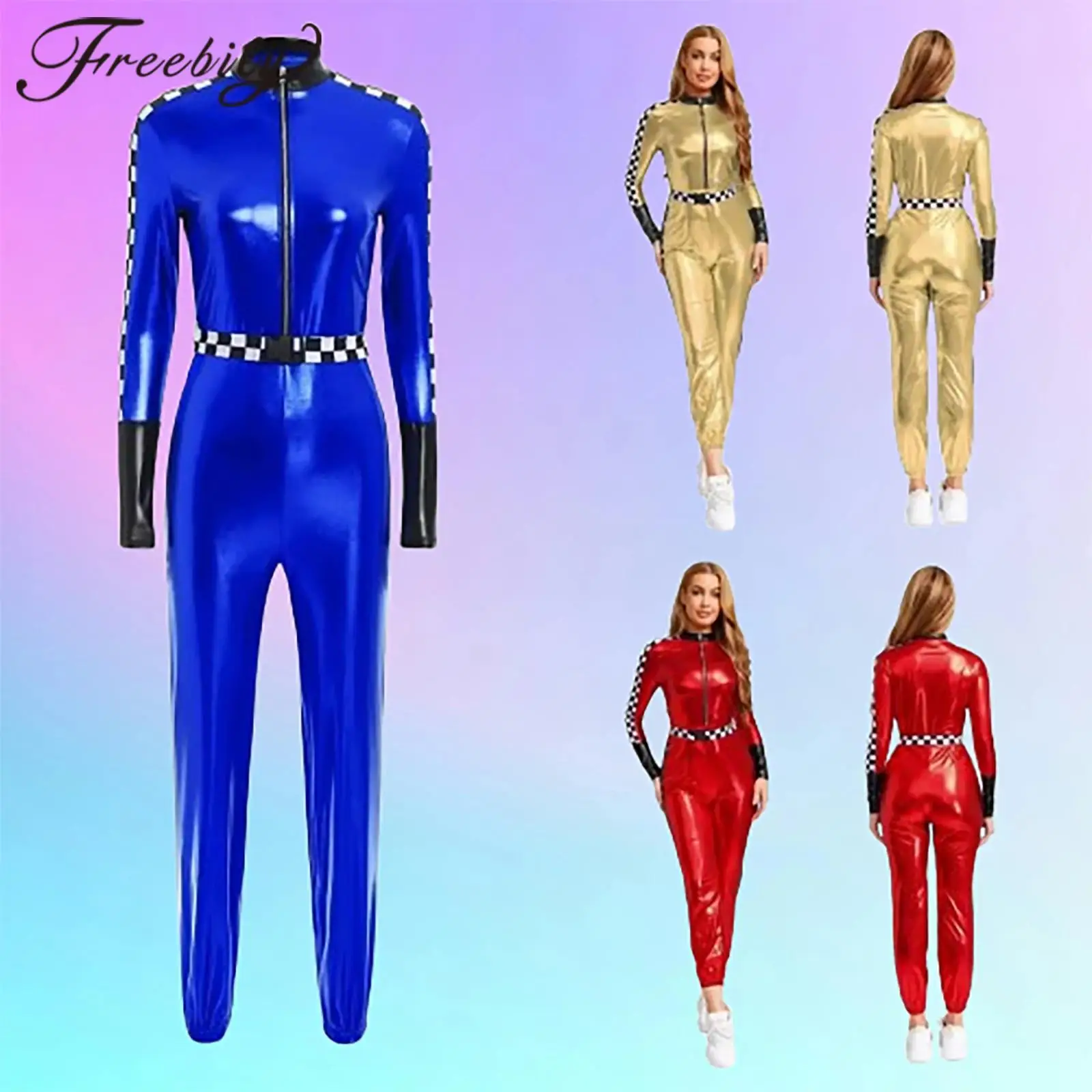 Women's Shiny Checkerboard Leotard Racer Driver Jumpsuit Metallic Bodysuit Carnival Halloween Race Car Driver Cosplay Costume