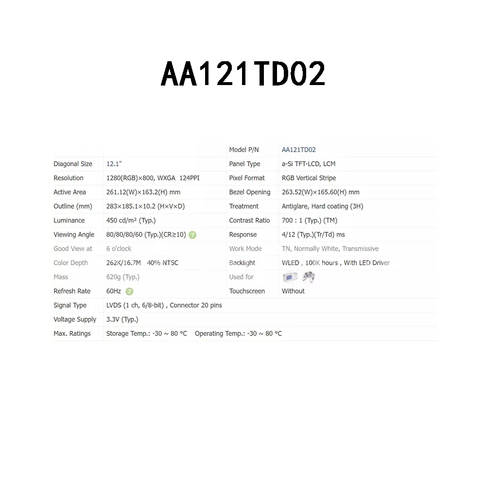 AA121TD02 12.1 Inch LCD Display Screen Panel Original Brand New