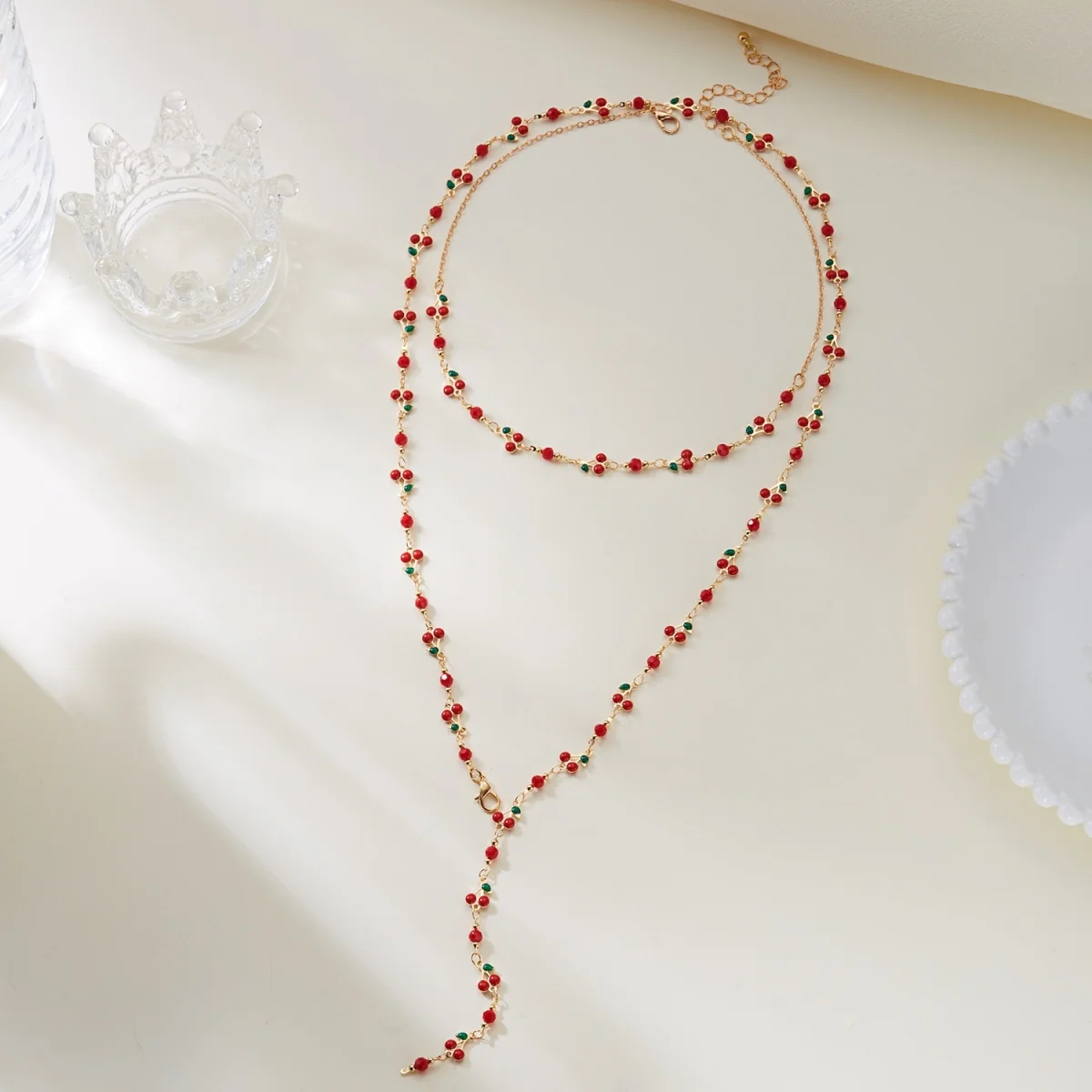 Mehrschichtiger roter Kirschherz-Schal, Y-förmige lange Halskette für Damen und Herren, süße Erdbeerblume, künstliche Perlen-Choker-Schmuckstücke – Detail 24