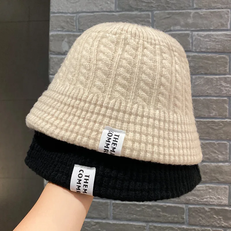 Women Winter Bucket Hat Warm Wool Cable Knit Fisherman Cap Casual Foldable Panama Hat Lady Outdoor Sunscreen Sun Cap