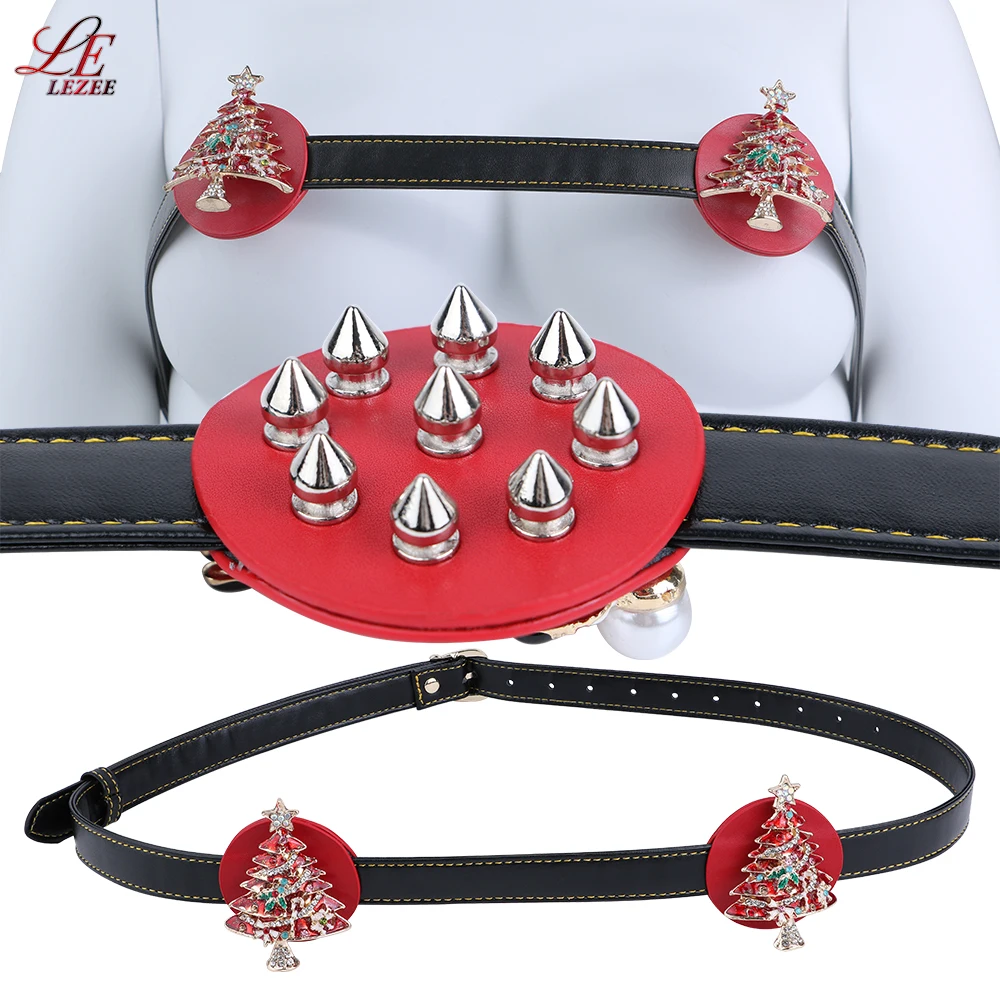 LEZEE Spiked Breast Binder Nipple Clamps BDSM Bra Harness Chest Straps PU Leather Bed Restraint Belts Christmas Gift Sex Toys