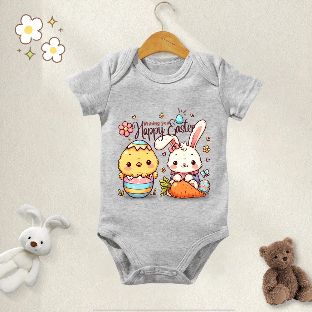 

100% Cotton Baby Onesie Bodysuit Happy Easter Bunny Egg For 0 To 12 Months Newborn Short Sleeves Romper Onesies Baby Clothes