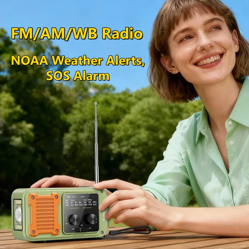 

Портативное аварийное радио с ручным приводом и солнечной зарядкой, прием AM/FM/WB, оповещения о погоде NOAA, сигнализация SOS и внешний аккумулятор 2000 мАч