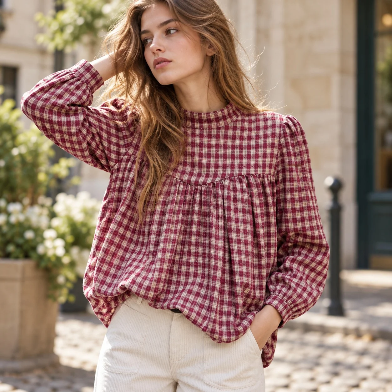 Plaid Checkered Pattern Shirt Regular Length Ins Style with Patchwork Streetwear No Stretch Regular Sleeve Casual Women Blouse