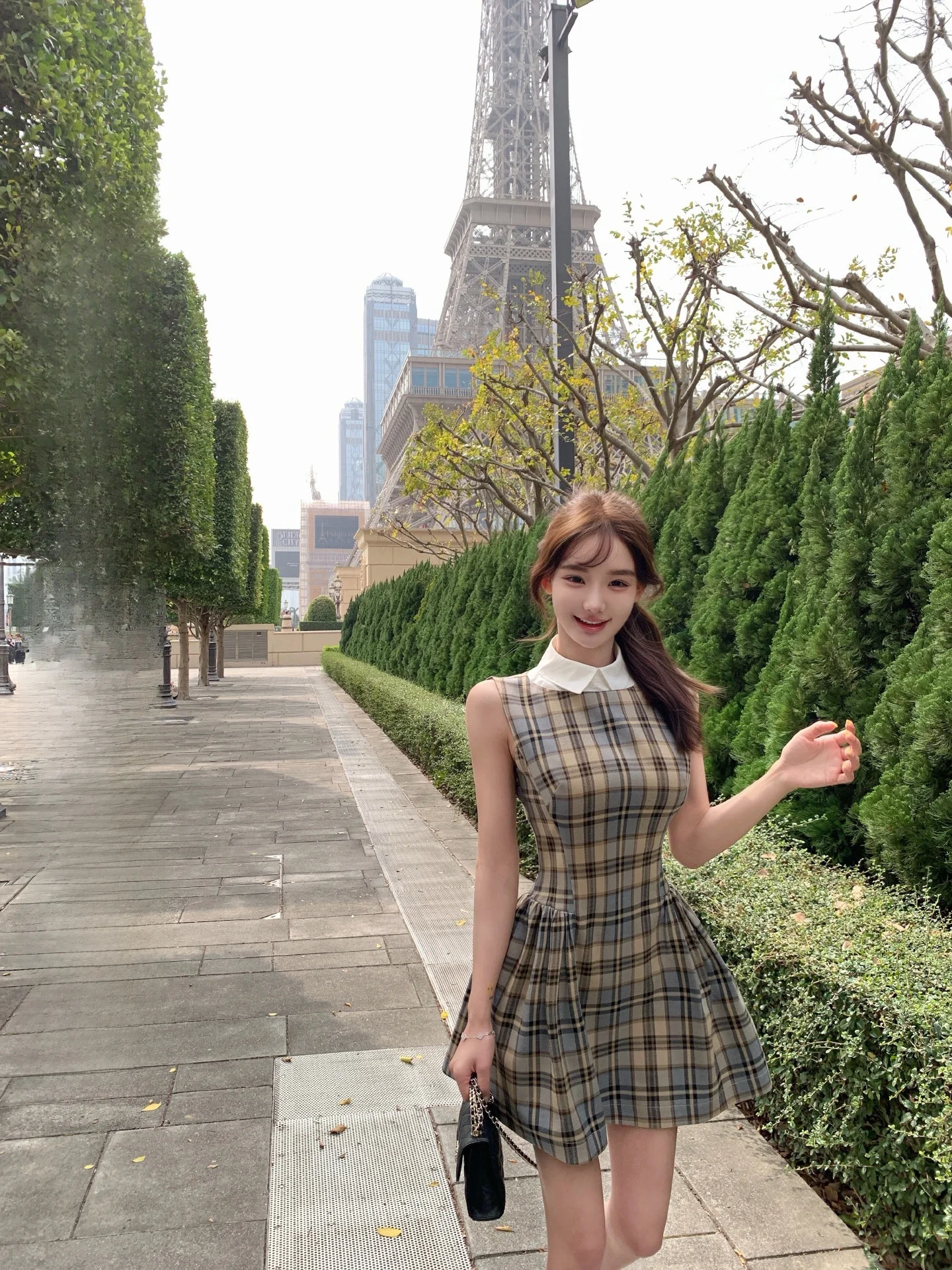 

OKMASHOP Paris Fashion Autumn Winter Plaid Dress Women's Style Elegant Two-Piece Dress Invisible Zipper A-Line Skirt