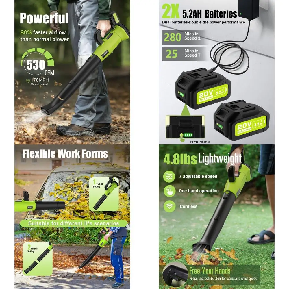 

Двухбатарейный воздуходув для листьев 5.2Ач, 170 миль/ч, 530 см³, с 7-ступенчатым управлением скоростью и 2 удлинительными трубками для использования на участке и в саду