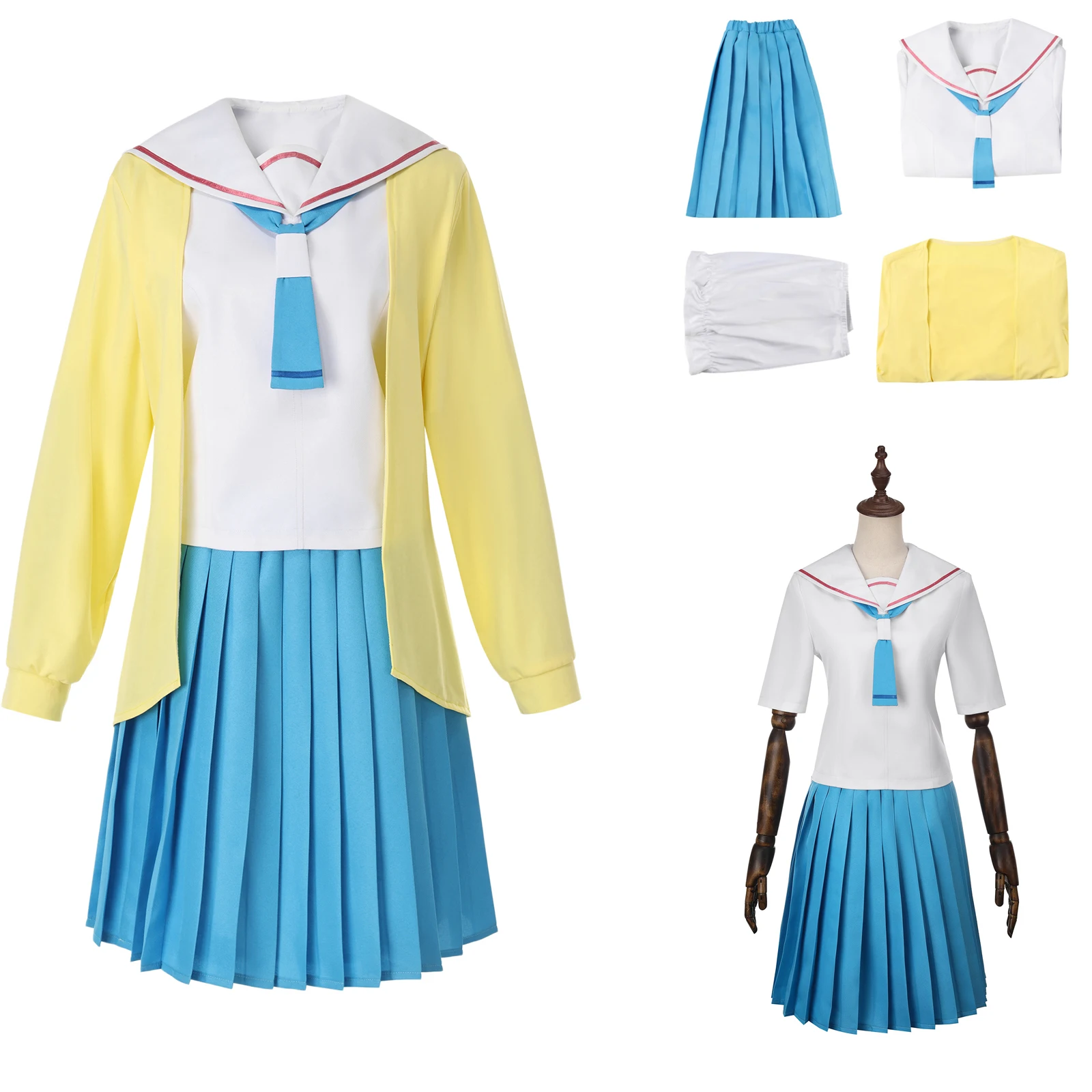

Isayama Mami Cosplay Costume Anime Girl Japanese Sailor Uniform Yellow Cardigan High School Uniform with Tie Halloween Outfit