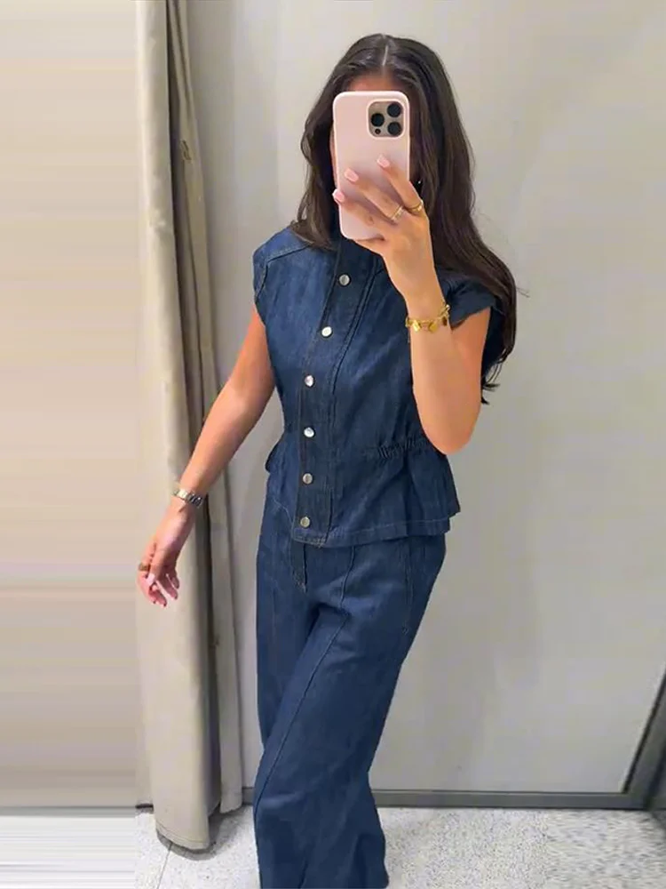 Ärmelloses Jeanswesten-Hosen-Set für Damen mit elastischem Bund, Stehkragen-Oberteil mit Knopfleiste und gerader Hose – Schickes Streetwear-Outfit für die moderne Dame – Detail 8