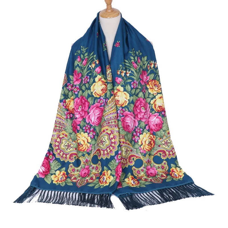 Luxury Brand Scarf Women Flower Shawl Autumn and Winter Foulard Warmth Vintage Tassel Hijab Warp Printed Headscarf Bandana