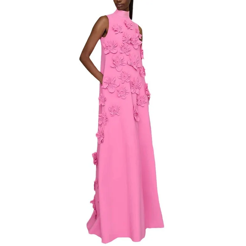 Temperament Elegant Wind Stand-up Collar Sleeveless Solid Color Long Dress Three-dimensional Flower Collage Design Long Dress