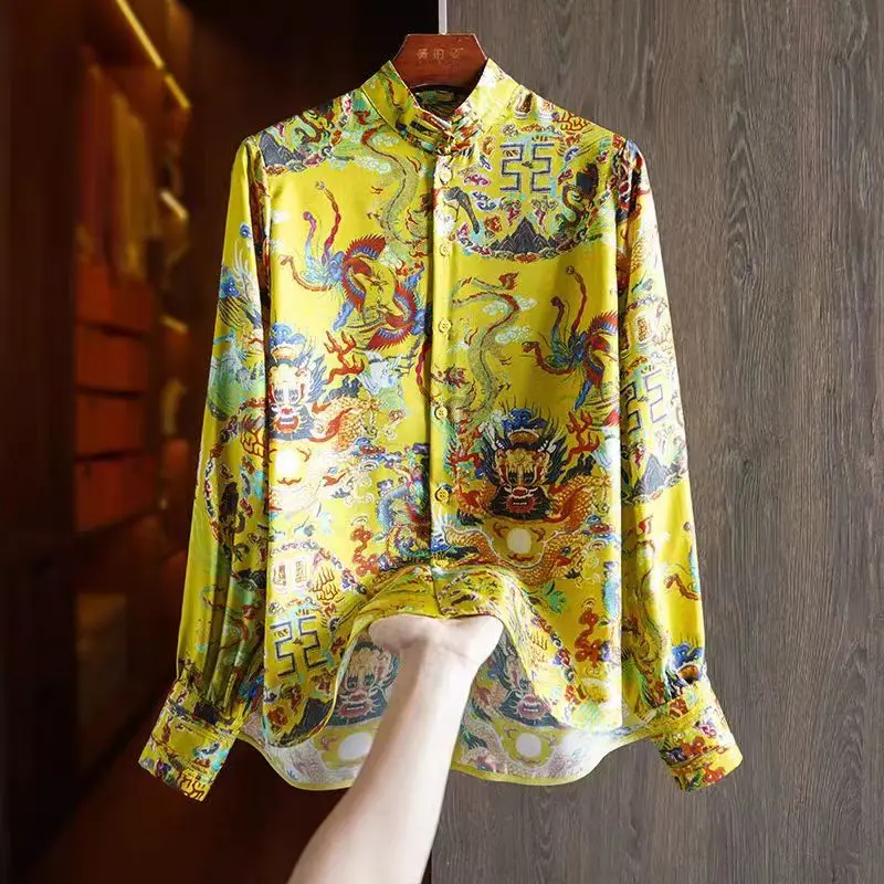 Autumn New Vintage Chinese Style Stand Collar Dragon Print Silk Shirt Women\'s Long Sleeve Single Breasted Button Top S-XL