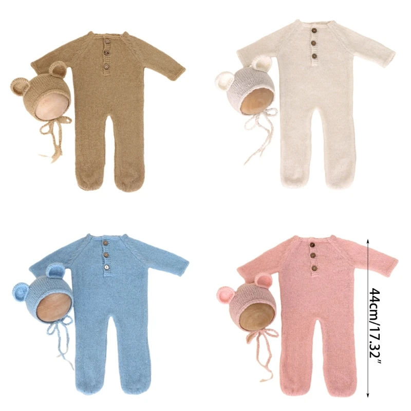 Infant Photostudio Props Bear Costume Romper Beanie Hat Photo Suit Shower Gift