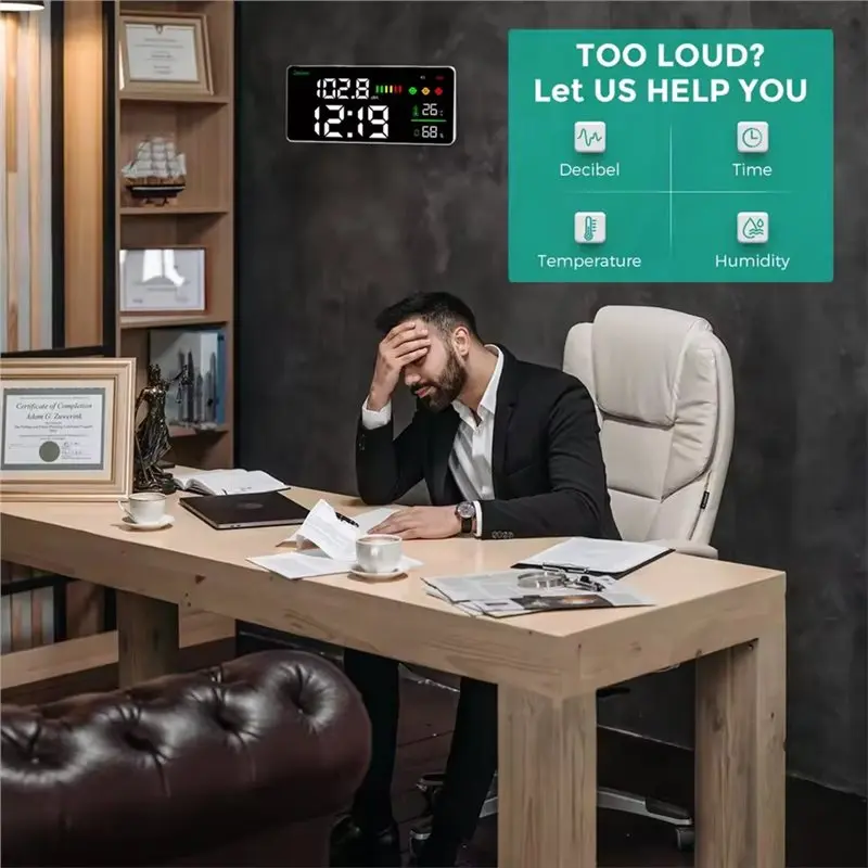 A19F-4-в-1 цифровой измеритель децибел, настенный измеритель уровня звука, измеритель шума, диапазон 30-130 дБ, 11-дюймовый большой светодиодный дисплей, многофункциональный