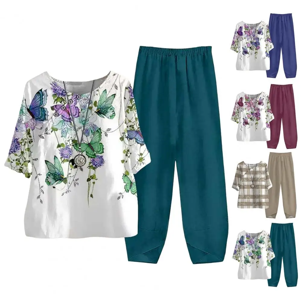 Ensemble 2 pièces T-shirt et pantalon pour femme, col rond imprimé, haut à manches mi-longues, jambe large, pantalon adt commandé