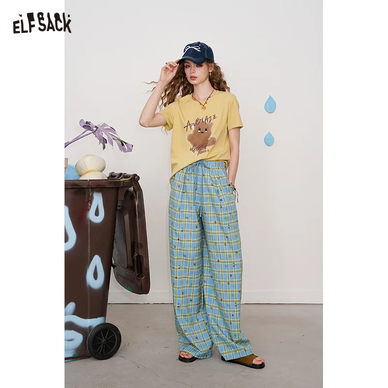 ELFSACK 2025 Summer New Arrival Loose Casual Clash Of Colours Plaid Star Wide Leg Trousers Leisure Straight Trousers For Woman