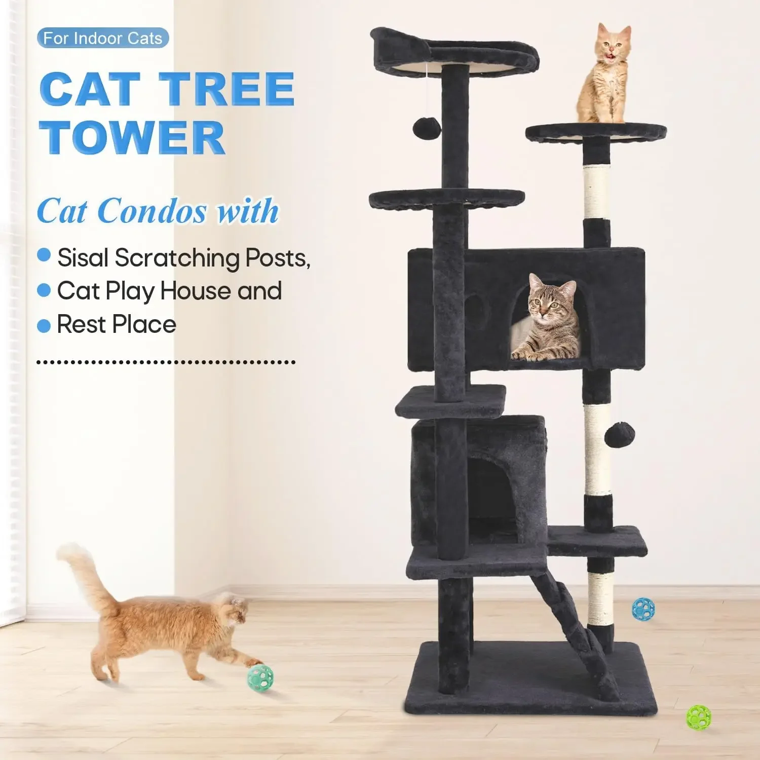 Cat Tree 54in Tower Multi-Level Durable Scratching Post & Cozy Fun Jumping Platform Space Saving Condo Pet|